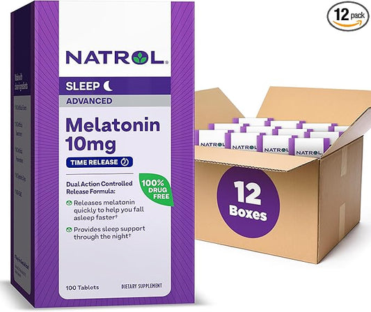 Natrol Advanced Sleep Melatonin 10mg, Dietary Supplement for Restful Sleep, Time Release Melatonin Tablets, 100 Time-Release Tablets, 100 Day Supply (Pack of 12)