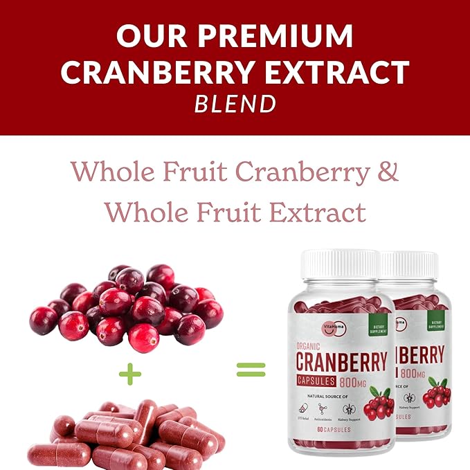 Organic Cranberry Extract Capsules, 800 MG Per Serving, Whole Fruit Cranberry & Cran-Max, Natural Source of Proanthocyanidins (PACs), Antioxidants & Nutrients, Vegan, Non GMO, 60 Capsules
