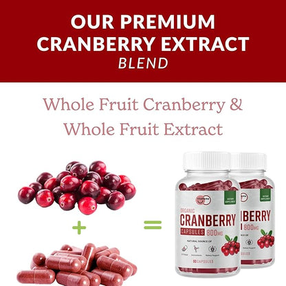 Organic Cranberry Extract Capsules, 800 MG Per Serving, Whole Fruit Cranberry & Cran-Max, Natural Source of Proanthocyanidins (PACs), Antioxidants & Nutrients, Vegan, Non GMO, 60 Capsules