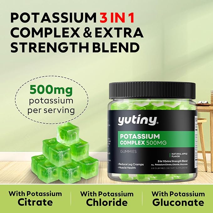 Potassium Supplement 500mg 3 in 1 Potassium Complex Gummies, Chewables with Potassium Citrate, Potassium Chloride, Potassium Gluconate, Extra Strength Blend, 60 Count