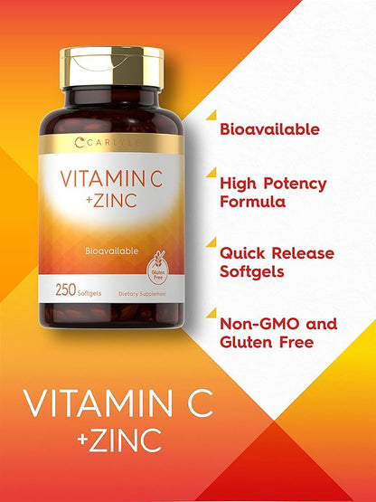 Carlyle Vitamin C with Zinc | 250 Softgels | Bioavailable | Ascorbic Acid | Zinc Oxide | Non-GMO and Gluten Free Supplement