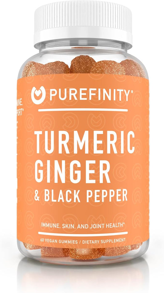 Turmeric and Ginger Supplement Gummies with Black Pepper, Joint Support Curcumin Chewables with Delicious Flavor – Gluten Free, Non-GMO, Vegan, 60 Count