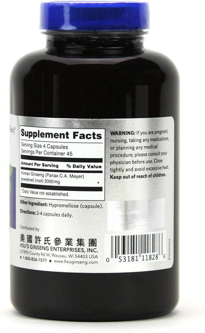 HSU’s Korean Ginseng SKU 1511 | Korean Ginseng Capsules 180 ct | Cultivated Wisconsin Korean Ginseng Direct from Hsu's Ginseng Gardens | 许氏高麗参膠囊 180 粒 | 500 mg 180 ct Capsules Bottle