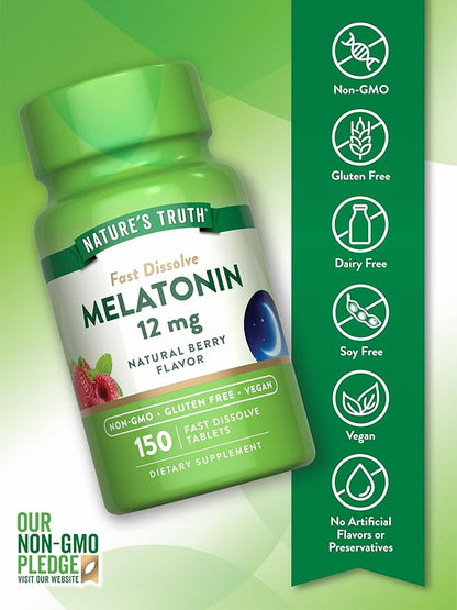 Nature's Truth Melatonin 12 mg | 150 Tablets | Quick Dissolve Vitamin | Natural Berry Flavor | Non-GMO & Gluten Free Supplement for Adults