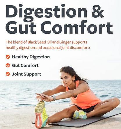 Black Seed Oil Capsules with Ginger Extract - 1400mg - 60 Liquid Capsules (Non-GMO & Vegan) - Natural Support for Healthy Joints and Digestive Health