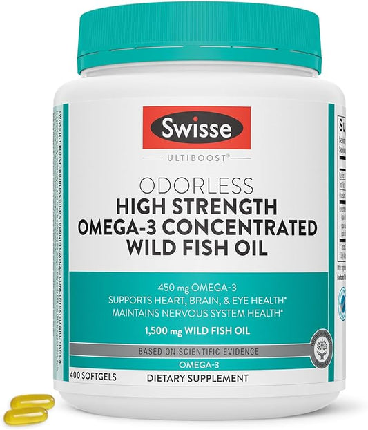 Swisse Wild Fish Oil Omega 3 Supplements for Women and Men | EPA DHA Fish Oil Supplements | Odorless - Helps Support Brain, Eye and Heart Health | High Strength 1500 mg | 400 Softgel Pills