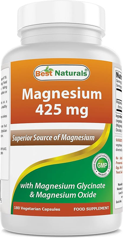 Best Naturals Magnesium 425 mg 180 Veggie Capsules - High Absorption Magnesium Glycinate & Magnesium Oxide Chelated, Non-GMO, Gluten Free Muscle Relax (180 Count (Pack of 1))