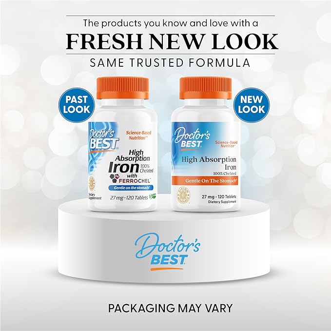 Doctor's Best High Absorption Iron Tablet with Ferrochel, Gentle on The Stomach, Immune Health, Blood Health, 27 mg