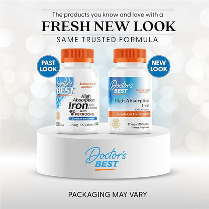 Doctor's Best High Absorption Iron Tablet with Ferrochel, Gentle on The Stomach, Immune Health, Blood Health, 27 mg