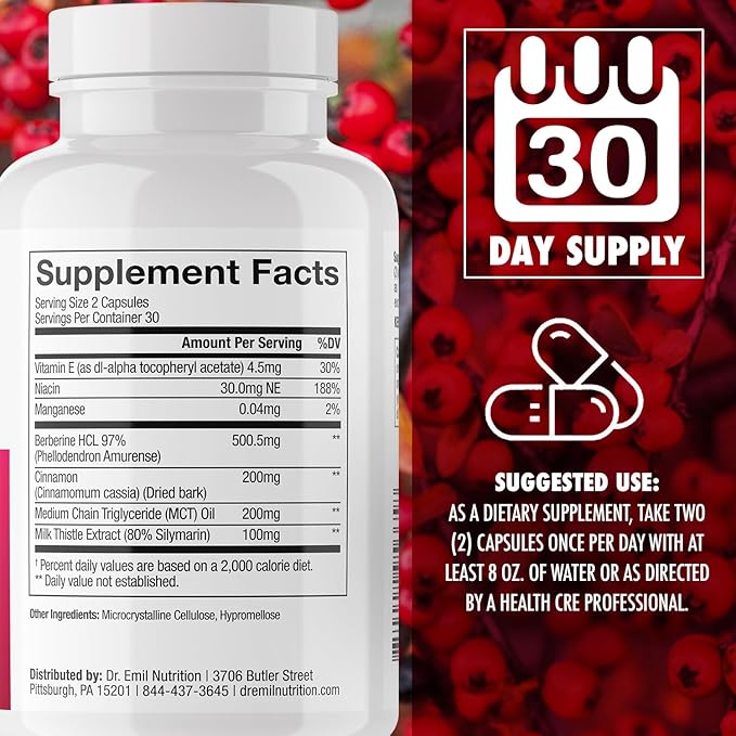 Dr. Emil Berberine 500mg Capsules - Berberine Supplement with Cinnamon, MTC Oil & Milk Thistle - Berberine HCL Made in The USA, 30-Day Supply