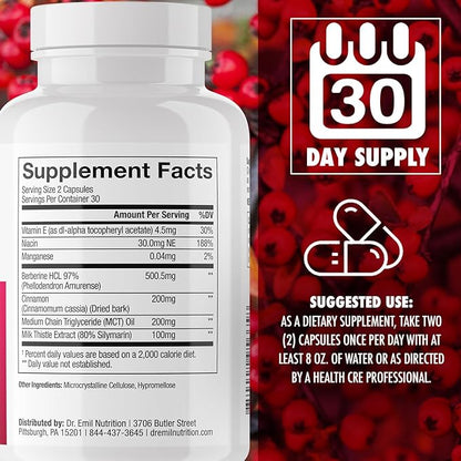 Dr. Emil Berberine 500mg Capsules - Berberine Supplement with Cinnamon, MTC Oil & Milk Thistle - Berberine HCL Made in The USA, 30-Day Supply