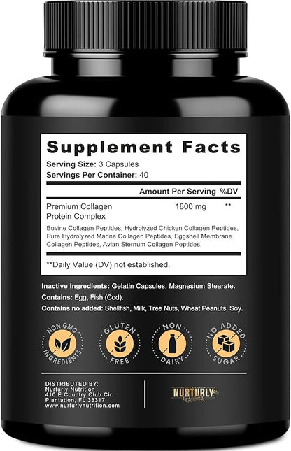 Multi Collagen Peptides Powder Capsules - Hydrolyzed Collagen Peptides Types (I, II, III, V & X) - Collagen Supplements for Hair, Skin & Nails - 120 Capsules