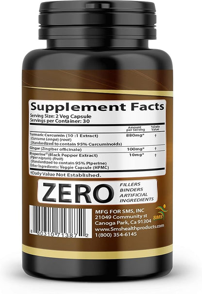 Turmeric Curcumin with Ginger, BioPerine Black Pepper, 95% Curcuminoids, Natural Joint & Healthly Inflammatory Support, Antioxidant Tumeric Supplement, 60 Veggie Capsules, Made in USA, by SMS