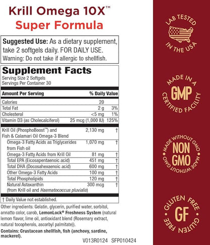 Purity Products Krill Omega-3 10x more EPA and DHA Super Formula Premium PhosphoBoost Krill Oil + Astaxanthin - Supports Joint Comfort + Flexibility - No Fish Burps LemonLock System - 60 SoftGels