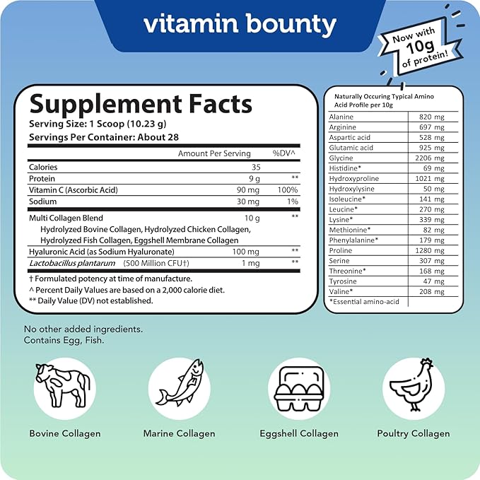 Vitamin Bounty Multi Collagen Complex Plus - 5 Types of Hydrolyzed Collagen Peptides for Women & Men w/Vitamin C, Hyaluronic Acid & Probiotics | Supports Skin, Hair, Joints & Gut Health | 28 Servings