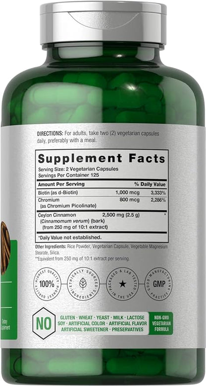 Horbäach Cinnamon with Chromium Picolinate 2500mg | 250 Capsules | Plus Biotin | Vegetarian, Non-GMO, Gluten Free