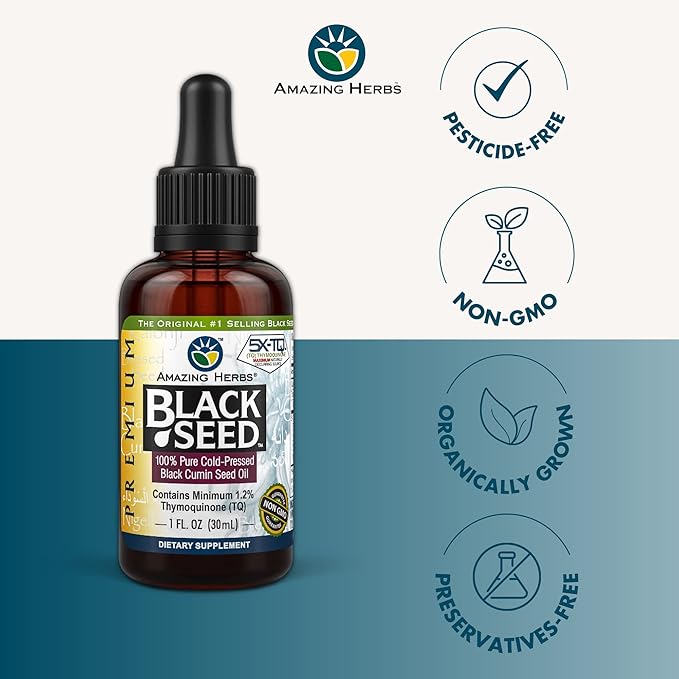Amazing Herbs Premium Black Seed Oil - Gluten Free, Non GMO, Cold Pressed Nigella Sativa Aids in Digestive Health, Immune Support, Brain Function, Joint Mobility - 1 Fl Oz
