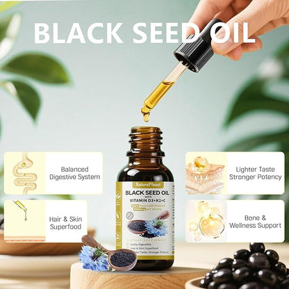 Organic Soursop Bitters and Black Seed Oil Drops Bundles with Vitamins D3, K2, B6, C | Vegan, Non-GMO, Gluten-Free