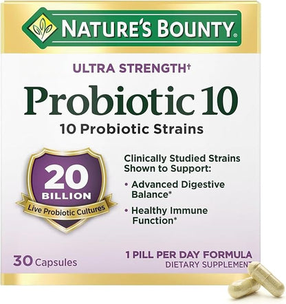 Nature's Bounty Probiotic 10 Daily Probiotic Supplement for Digestive, Immune, and Upper Respiratory Support, Ultra Strength, 30 Capsules 1 Pack