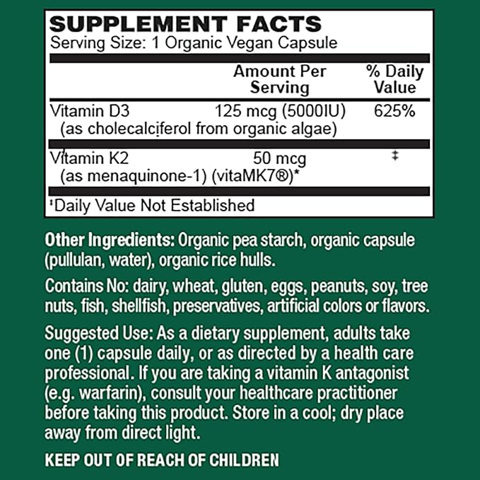 PlantFusion Organic Vegan Vitamin D3 + K2 5,000 IU, 50MCG – Vitamin D Sourced from Plant Based Lichen and Vitamin K2, for Immune Support and Bone Health - 60 Capsules