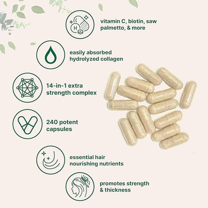 Hair Growth Vitamins Complex, 240 Capsules | 14-in-1 Formula with 5,000mcg Biotin, Collagen, Keratin, Vitamin C, Saw Palmetto, & More | Vitaminas Para El Cabello | Promotes Natural Growth & Thickness