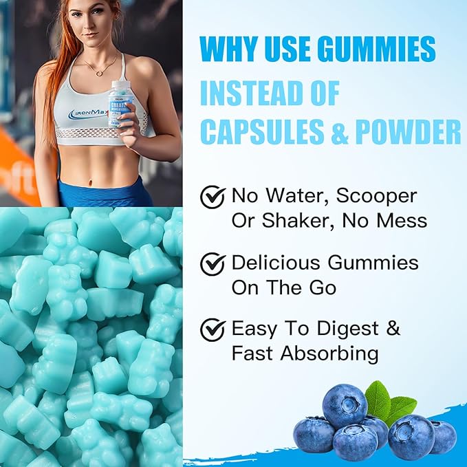 Creatine Monohydrate Gummies 5000mg for Men & Women, Chewables Creatine Monohydrate for Muscle Strength, Muscle Builder, Energy Boost, Pre-Workout Supplement-180 Blueberry Gummies