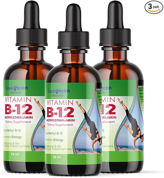 LIQUIDHEALTH Vitamin B12 Methylcobalamin Liquid Drops with Sublingual Hydroxocobalamin - Boost Energy, Support Immune System, Improve Memory & Concentration - Made in The USA, Vegan, Non-GMO (3 Pack)