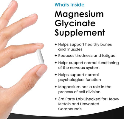 Magnesium Glycinate Supplements - 180 High Strength Capsules - 1040mg of Magnesium Providing 208mg Elemental Magnesium Per Serving - Pure Active Ingredient - UK Manufactured