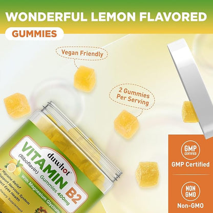 Vitamin B2 Gummies with Magnesium- Riboflavin 400mg for Migraine Relief & Headache Relief, B2 Vitamins Gummies for Adults & Kids, Vegan, 60 Chewable