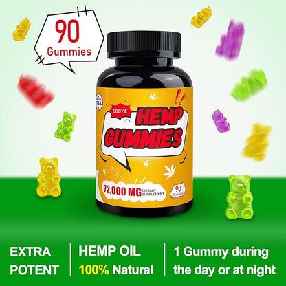 Hemp Gummies High Potency, Organic Hemp Supplement for Peaceful Bedtime, Pain, Mood - with Pure Hemp Oil Extract - Natural Edibles Hemp Gummy Bears - Vegan, Non-GMO, Sugar Free