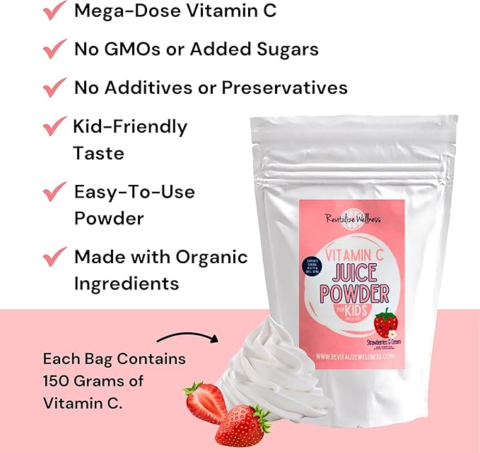 Vitamin C Juice Powder | 1000 mg Vitamin C as Ascorbic Acid per Serving | No Sugar Added | Strawberries & Cream Flavor | 120 Servings