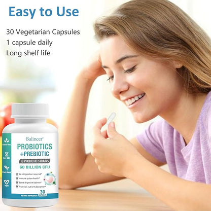 Probiotics and Organic Prebiotics for Women & Men, 60 Billion CFUs 10 Strains, Support Digestive & Gut Health, Gas & Bloating, 30 Capsules