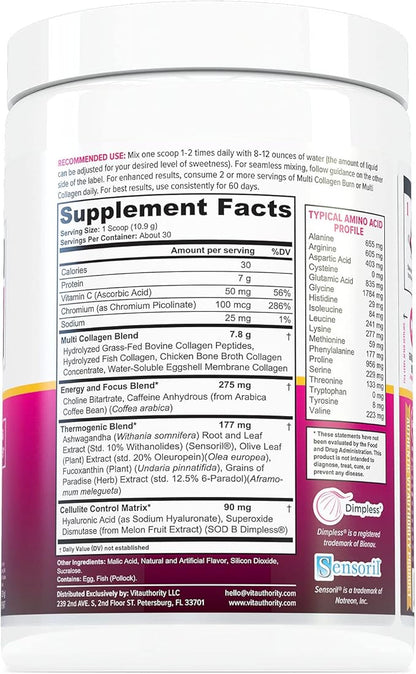 Multi Collagen Burn: MultiType Hydrolyzed Protein Peptides with Hyaluronic Acid, Vitamin C, SOD B Dimpless, Types I, II, III, V and X, with Caffeine 30 Servings Tropical Punch Flavored
