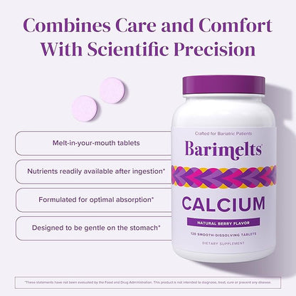 Barimelts Calcium Citrate with Vitamin D3 & Magnesium, 120 Smooth-Dissolving Tablets (1-Month Supply), Bariatric Calcium Supplements for Women, Natural Berry Flavor