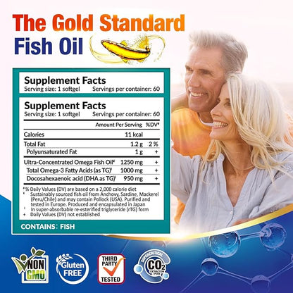 LABO Nutrition OmaxPure DHA76 Omega 3 Fish Oil, Ultra-Concentrated 76% 950mg DHA, EPA, 60 Count, Pharmaceutical Grade, Supercritical CO2 Extracted rTG Form, for Heart, Joint, Brain & Immune Health