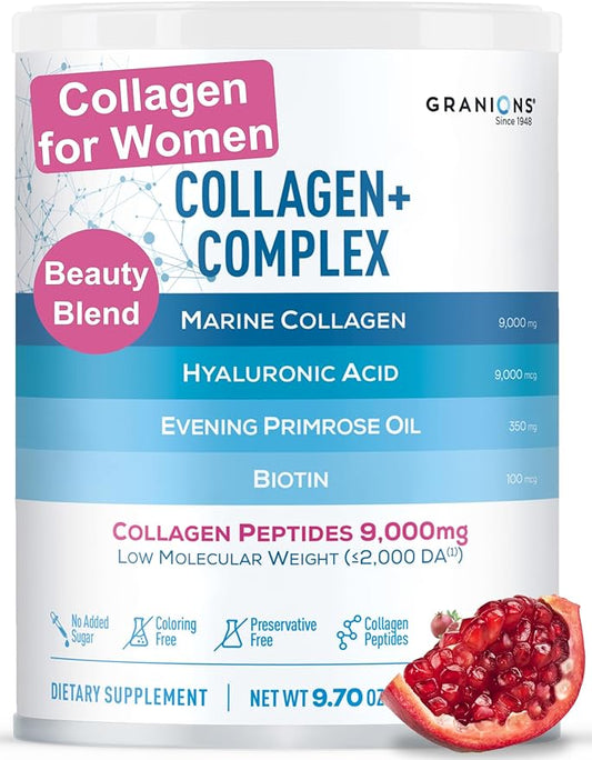Marine Collagen Supplement Powder - Type I Hydrolyzed Marine Collagen Peptides, Protein, Biotin, Hyaluronic Acid, Vitamin C, Vital Antioxidants, Skin Supplements for Women - Pomegranate 9.7oz
