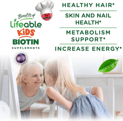 Lifeable Kids Biotin Gummies | 5,000mcg | Great Tasting Natural Flavor Biotin Supplement | Vegan Non GMO Hair Gummies | for Hair Skin and Nails | 90 Gummies