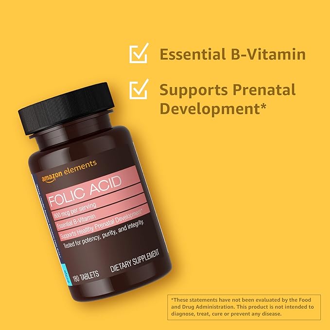 Amazon Elements Folic Acid 800 mcg per Serving, Dietary Supplement for Healthy Prenatal Development, 6 Months of Supply (Pack of 2)
