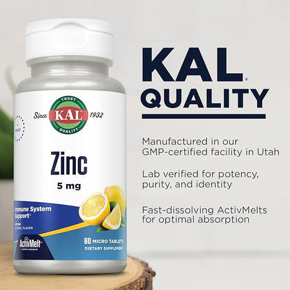 KAL Zinc 5mg ActivMelt, Immune Support Supplement with Zinc Oxide, Supports Protein Synthesis, Metabolism, Cell Growth, Immune Health, Vegetarian, Natural Lemon Flavor, 60-Day Guarantee, 60 Micro Tabs