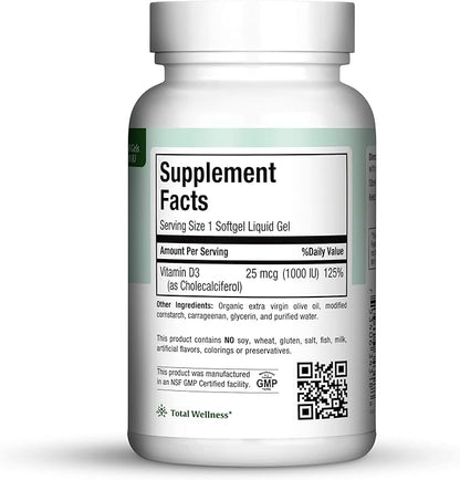 Maxi Health Vitamin D3 1000 IU Dietary Supplement - Easy to Swallow - Odorless & Tasteless - Supports Calcium Absorption, Immune Health and Bone Health in Adult Women & Men - 180 Liquid Gels
