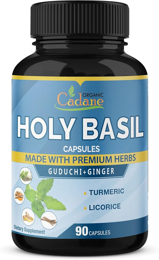 Organic Cadane Holy Basil Supplements Capsules, 5in1 with Guduchi, Ginger, Turmeric Curcumin, Licorice - Support Immune - 90 Capsules for 3 Months