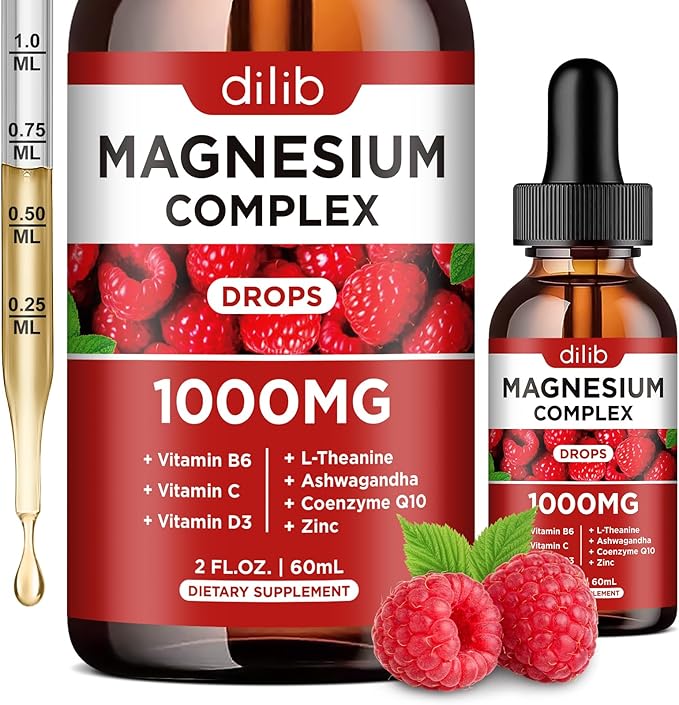 Triple Magnesium Complex Supplement, Magnesium Glycinate, threonate, Citrate Liquid Drops 1000mg with Ashwagandha, CoQ10, Vitamin B6, C, D, Zinc - Vegan Raspberry Flavor