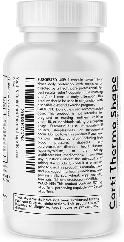 Youth & Tonic Thermogenic Supplement 30 Capsules as Advanced Diet Support for Energy Metabolism Focus for Men and Women with Caffeine Chromium Glucomannan Guarana Hoodia Gordonii