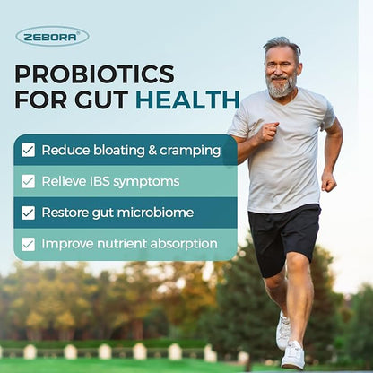 ZEBORA Probiotics for Men and Prebiotics for Digestive Health, 90 Tablets, 60 Billion CFUs for Immune and Gut Health, 10 Strains, Hypoallergenic Probiotics, Shelf Stable, Gluten & Soy Free
