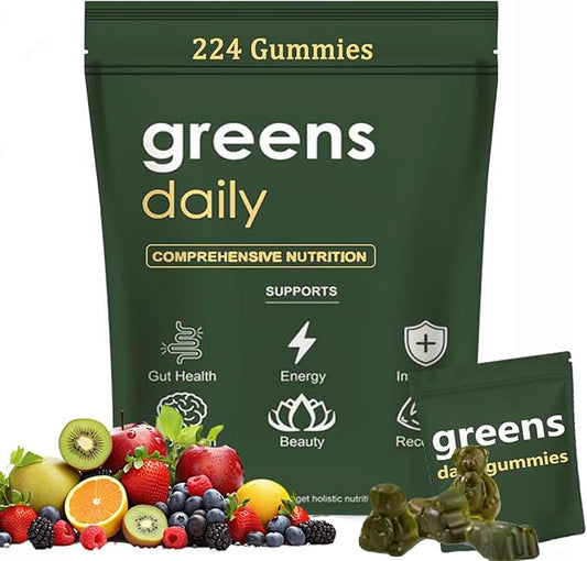 Greens Gummies - Organic Chlorella and Spirulina, Digestive & Gut Health, Formulated with 60+ Ingredients, Multi-Vitamins & Minerals, Daily Gummies, 224 Gummies Bear
