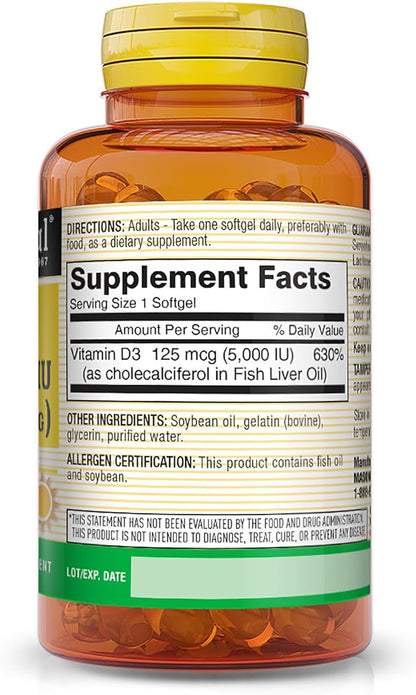 MASON NATURAL Vitamin D3 125 mcg (5000 IU) - Supports Overall Health, Strengthens Bones and Muscles, from Fish Liver Oil, 100 Softgels