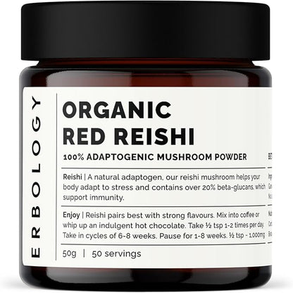 Erbology Organic Reishi Mushroom Powder 50 Servings - 21% Beta-glucans - Immunity Support - Ganoderma Lucidum - Small Batch - Sustainably Grown in Europe - Vegan - Non-GMO - No Added Fillers
