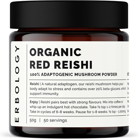 Erbology Organic Reishi Mushroom Powder 50 Servings - 21% Beta-glucans - Immunity Support - Ganoderma Lucidum - Small Batch - Sustainably Grown in Europe - Vegan - Non-GMO - No Added Fillers