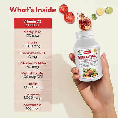 ANDREW LESSMAN Essential-1 Multivitamin 3000 IU Vitamin D3 180 Small Capsules - 100 mcg Methyl B12. CoQ10 Lutein Lycopene Zeaxanthin. High Potency. No Additives. Ultra-Mild. One Daily Capsule