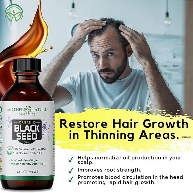 Mother Nature USDA Organic Black Seed Oil, High TQ 2%, Cold Pressed, Unrefined Nigella Sativa, Omega 3 6 9 for Immune, Joint & Heart Support, Hair & Skin, Non-GMO, Glass Bottle 8oz